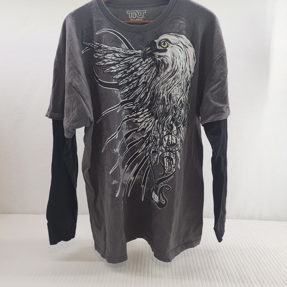 TNT Double Layer Long‎ Sleeve Graphic Eagle Print Gray T Shirt XXL